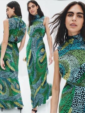 SALONI Fleur Dot Print Dress Sleeveless High-Neck Green Patterned Maxi US 12